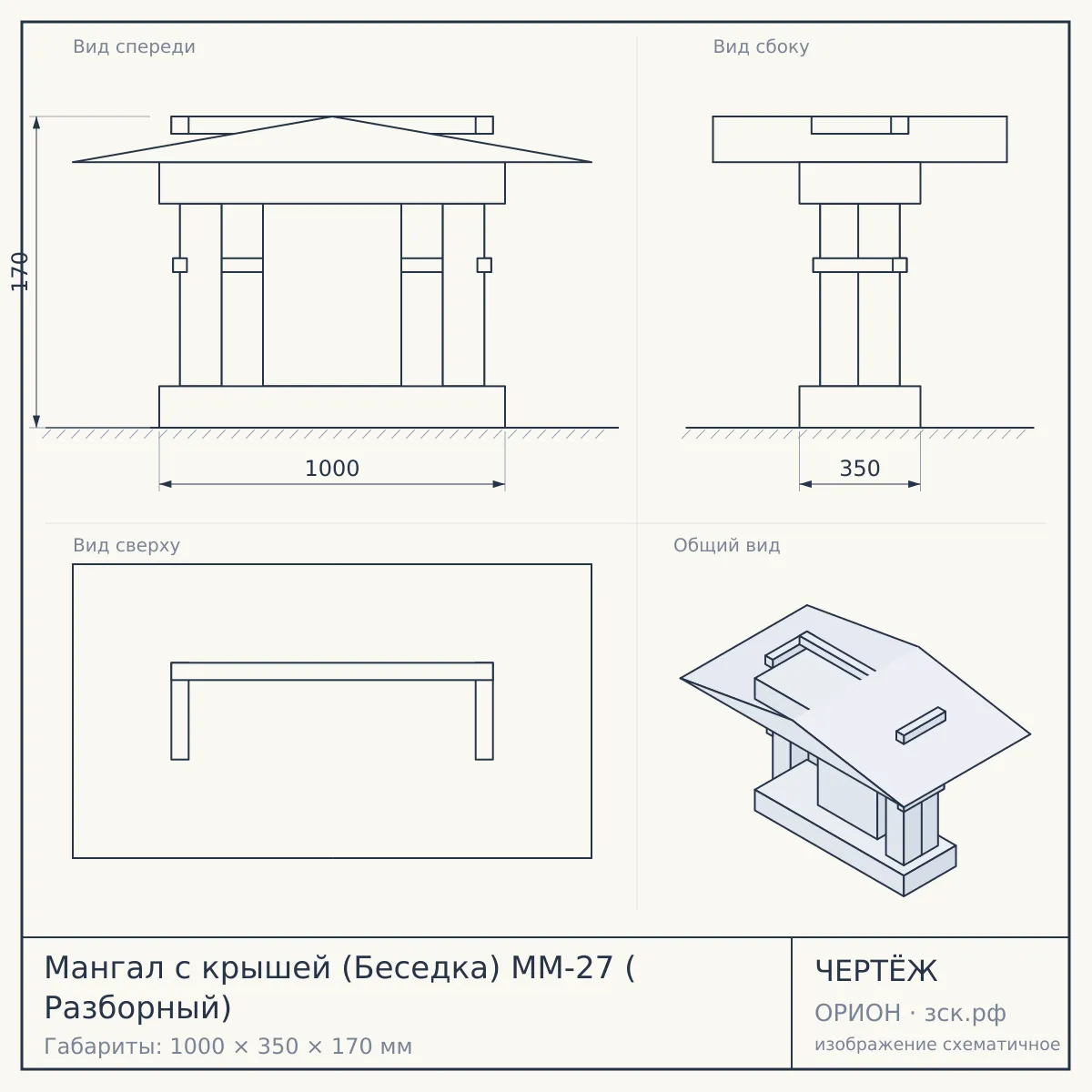 Мангал с крышей (Беседка) ММ-27 ( Разборный) — чертёж